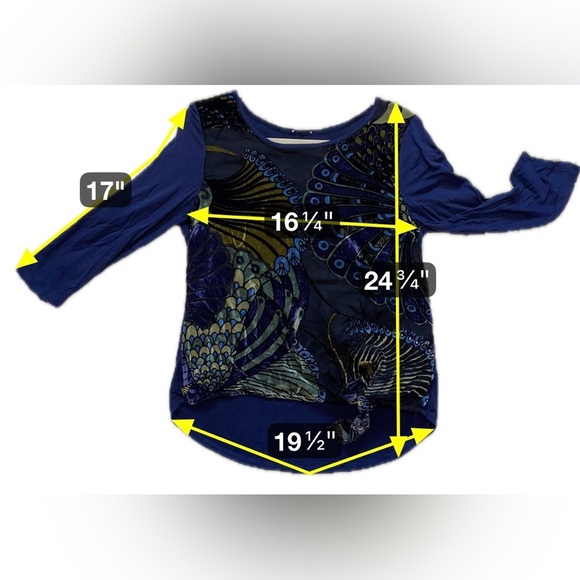 Chico’s Blue Wrap Tie Front Knit Top Artsy Peacock Print Velvet Burnout Size 3 - Picture 7 of 9